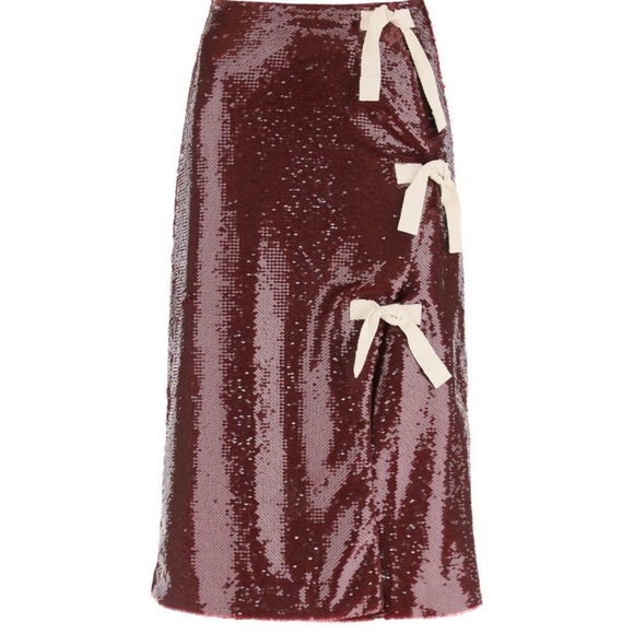 Ganni Sequin Midi Skirt with Bows - Burgundy size 34 - Picture 1 of 8